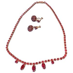 Czech 1880-90Antique handmade Bohemian Garnet necklace crystalcup&screw earrings